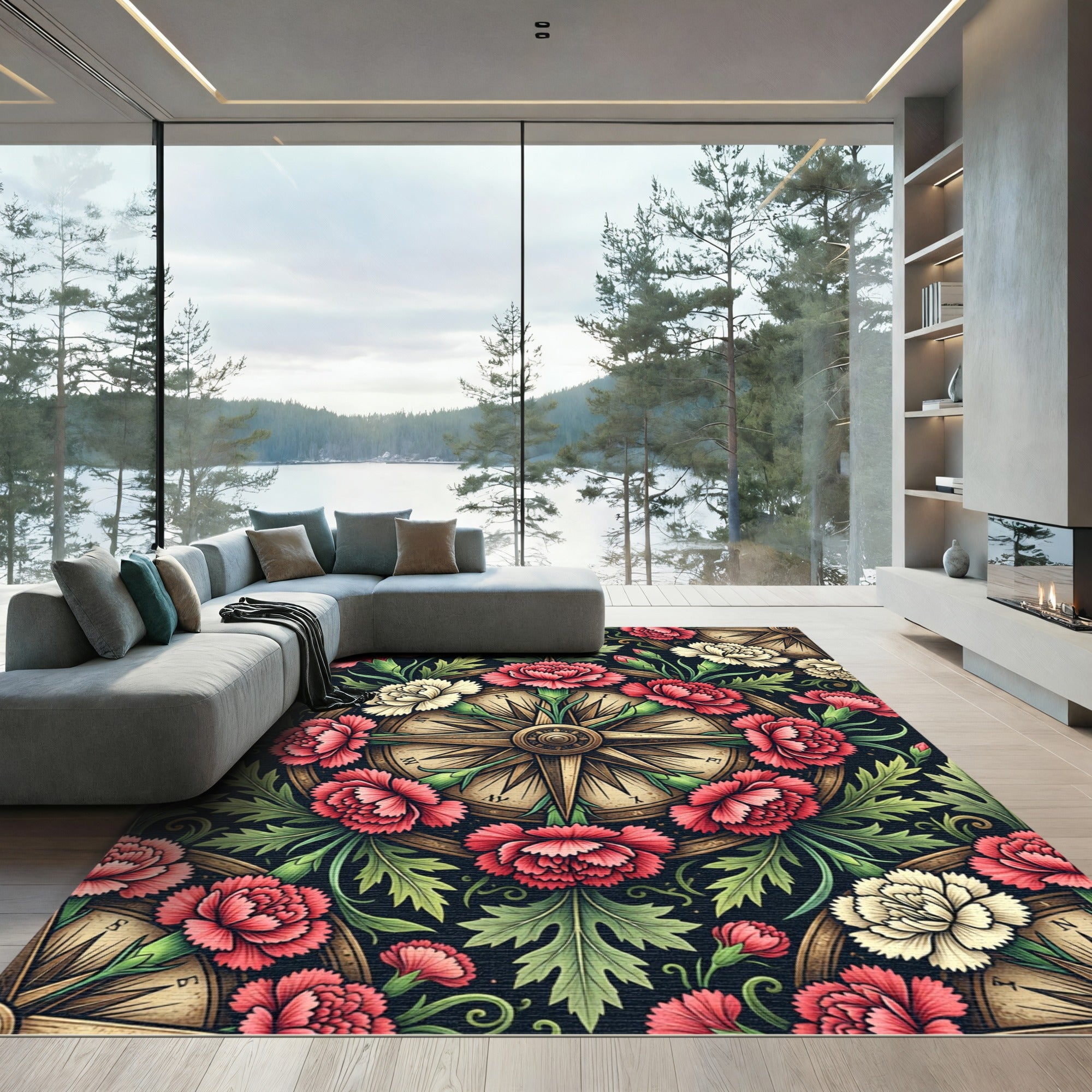 Vintage Crimson Floral Compass Medallion Rug