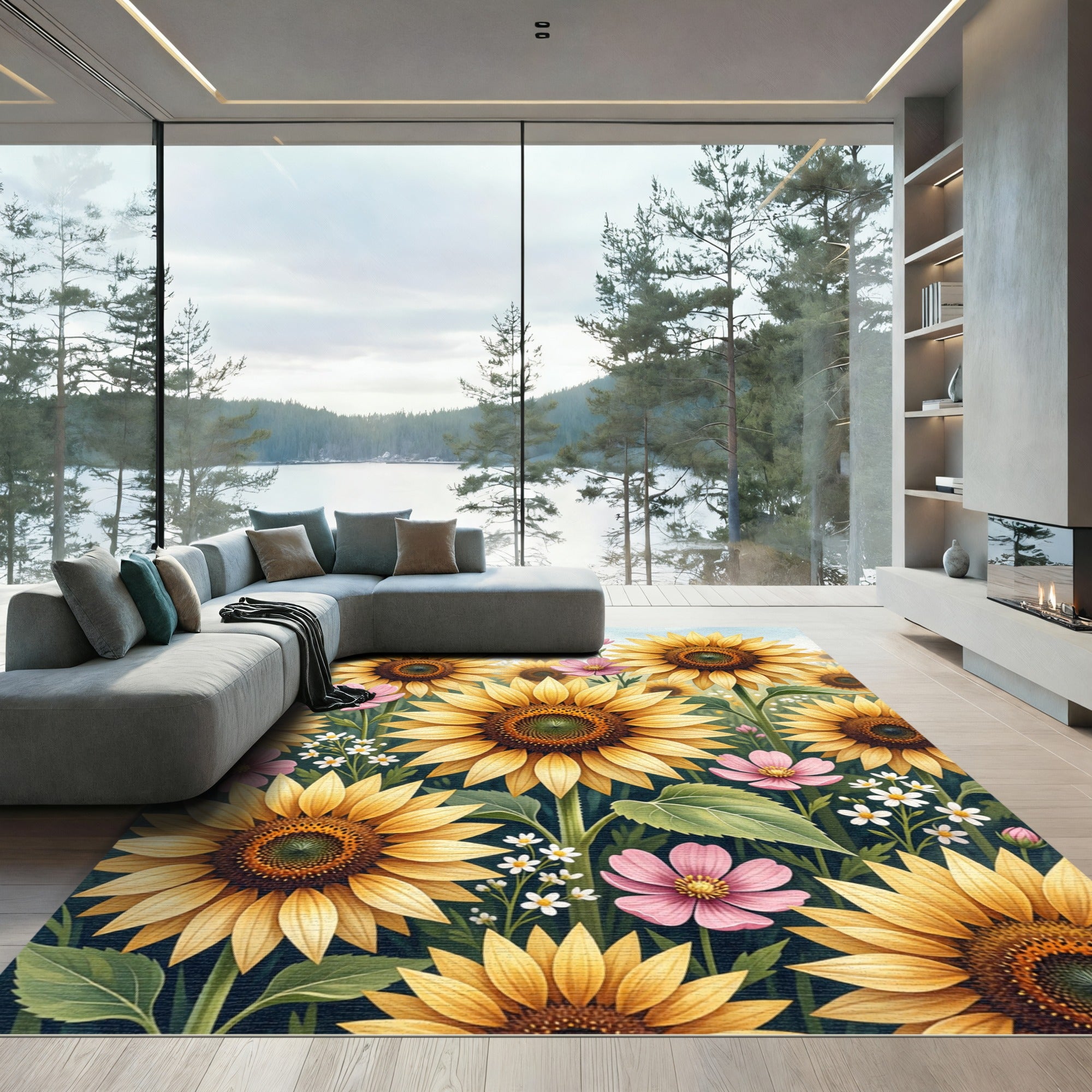 Sunny Yellow Sunflower and Floral Meadow Rug