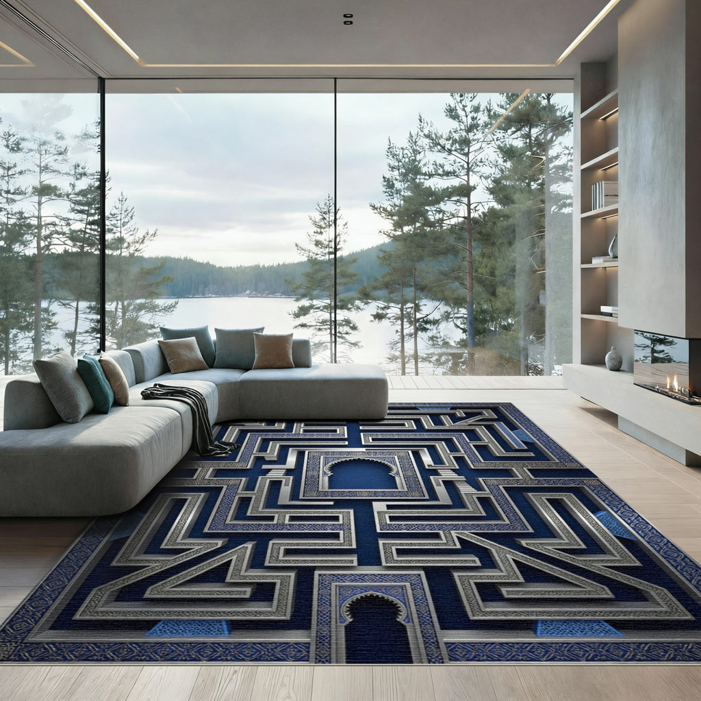 Midnight Blue Labyrinth 3D Geometric Rug
