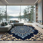 Navy Blue Golden Scroll Medallion Rug