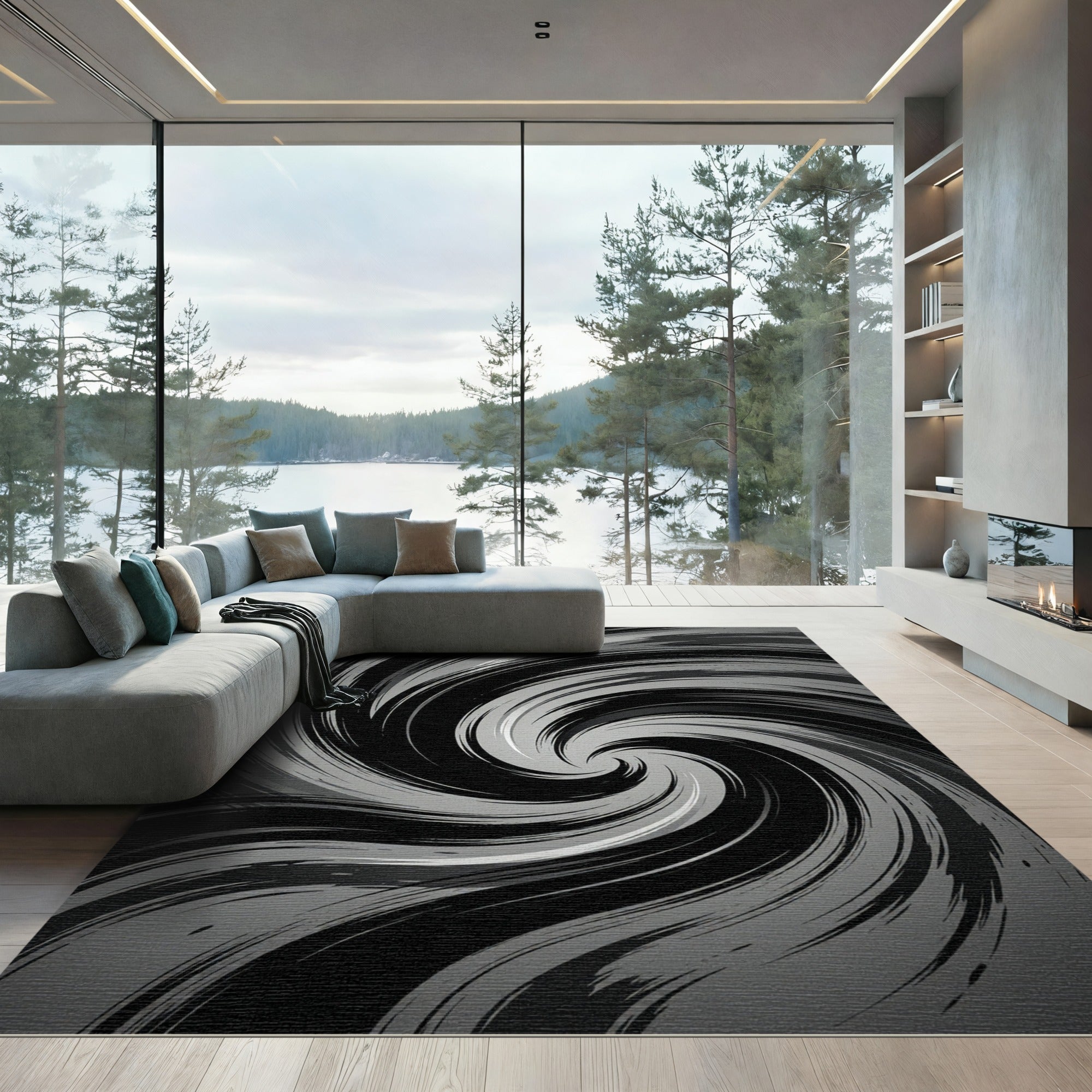 Monochromatic Brushstroke Swirl Rug