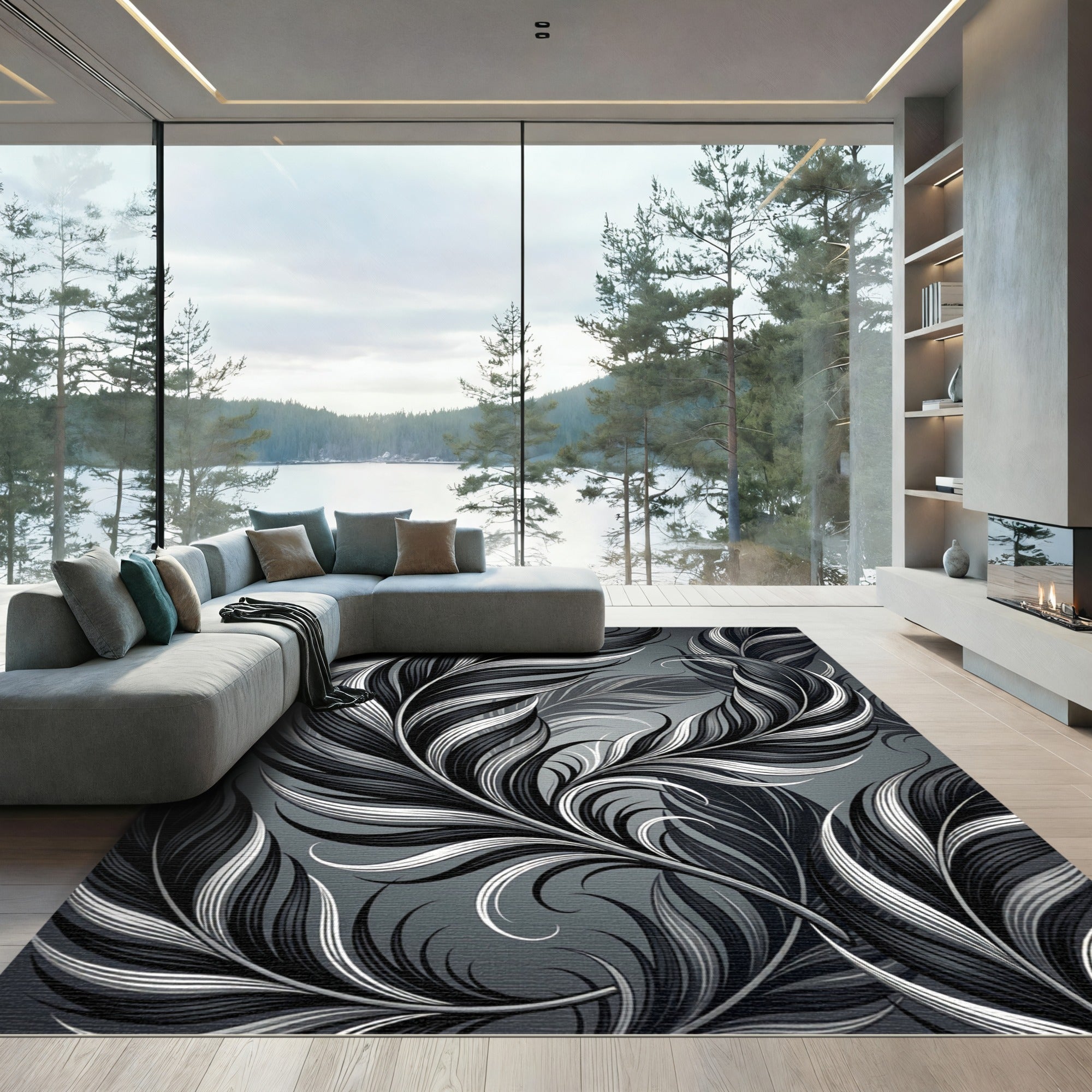 Charcoal Whimsical Feather Ensemble Rug