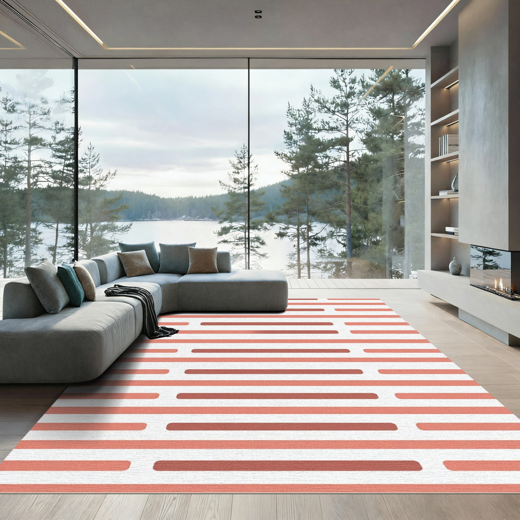 Coral And Terracotta Striped Line Art Rug