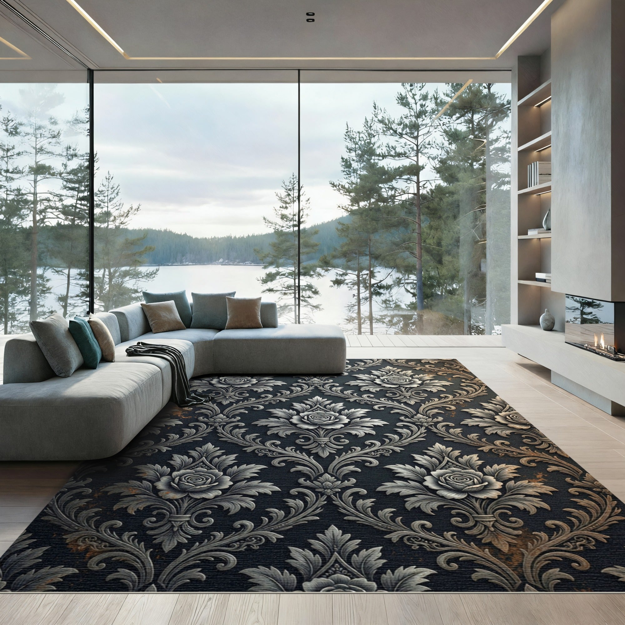 Dark Damask Rose Relief Silver Rug