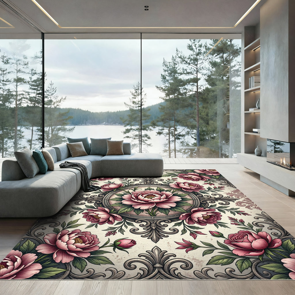 Vintage Pink Peony Filigree Medallion Rug