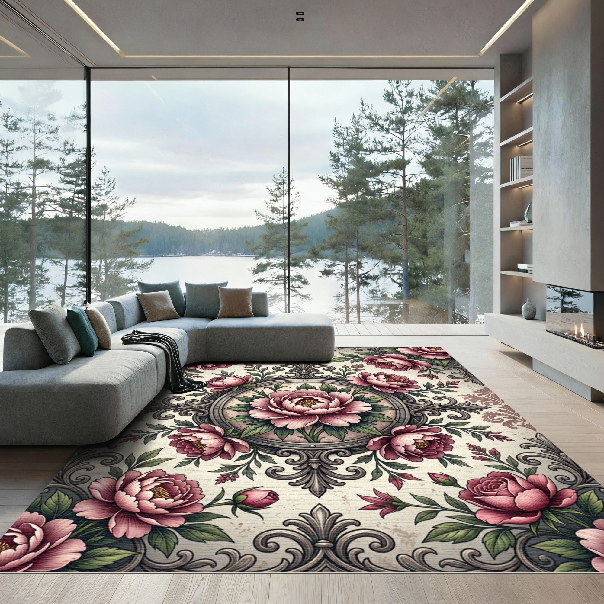 Vintage Pink Peony Filigree Medallion Rug