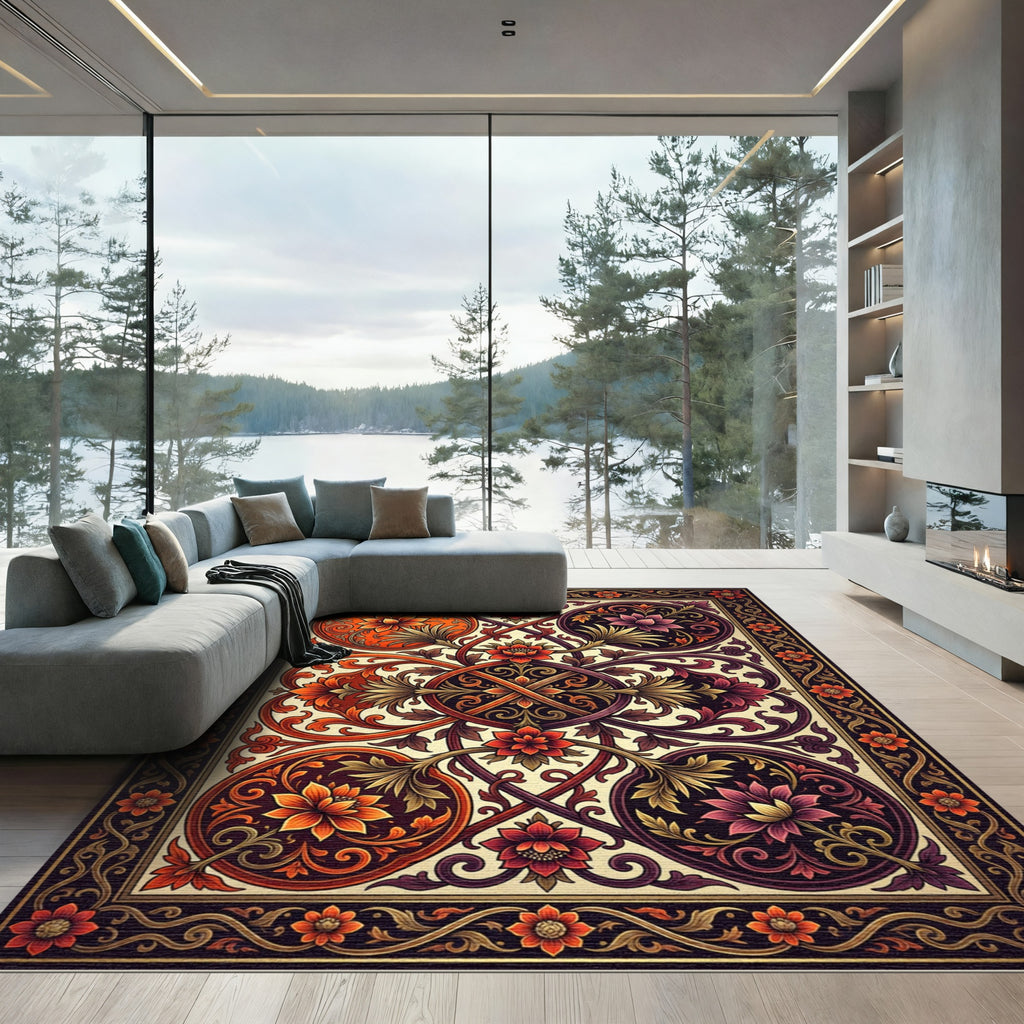 Symmetrical Floral Medallion in Sunset Hues Rug