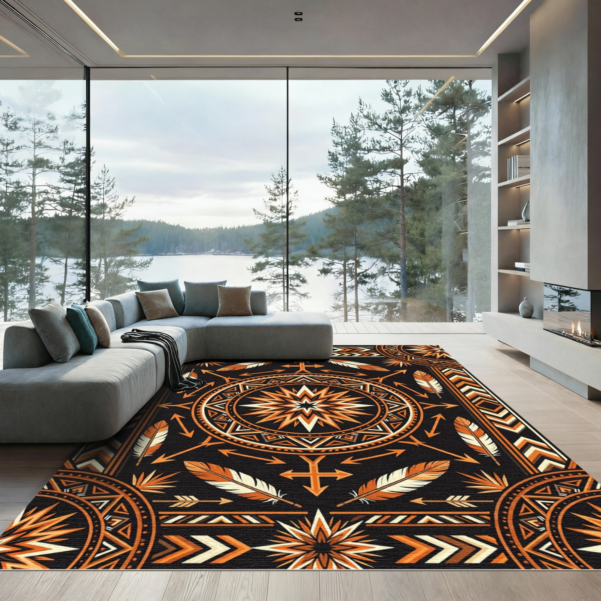 Geometric Sunset Feather Tribal Medallion Rug