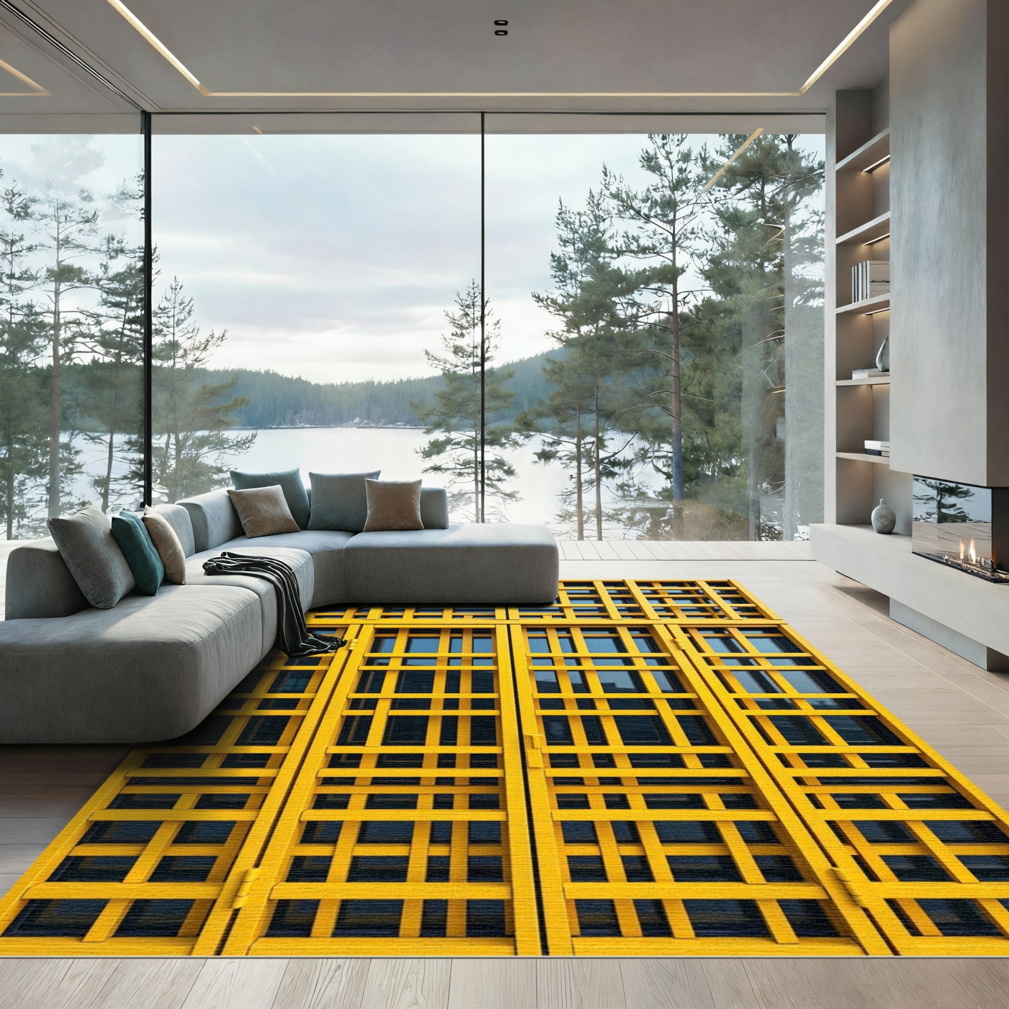 Bold Golden Yellow Lattice Grid Rug
