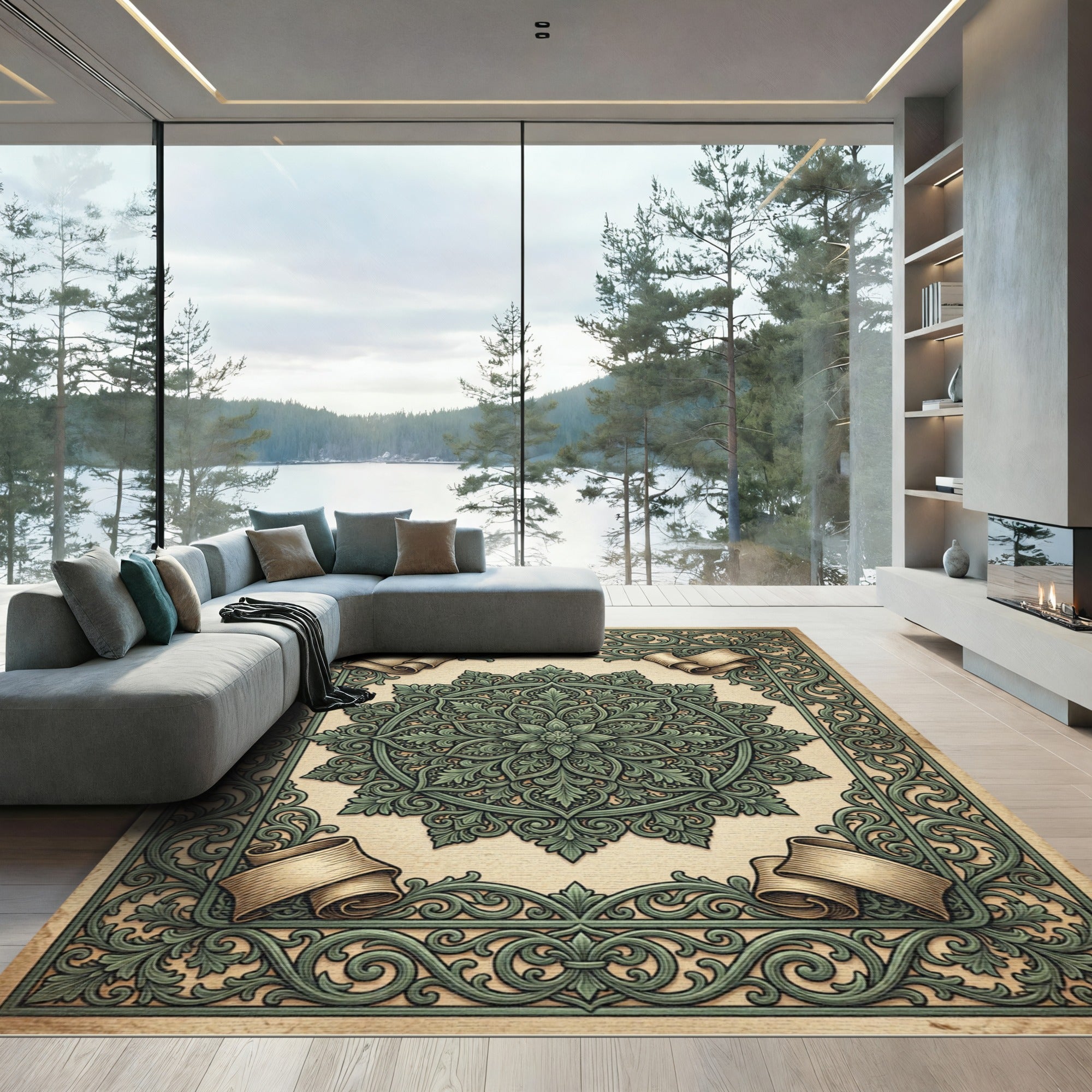 Ornate Sage Green Floral Medallion Scroll Rug