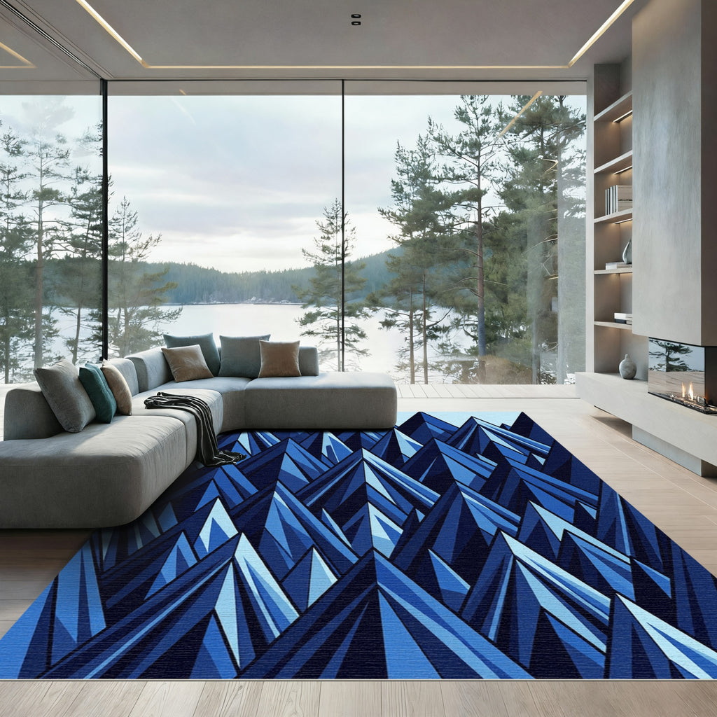 Geometric Blue Mountain Peaks Rug