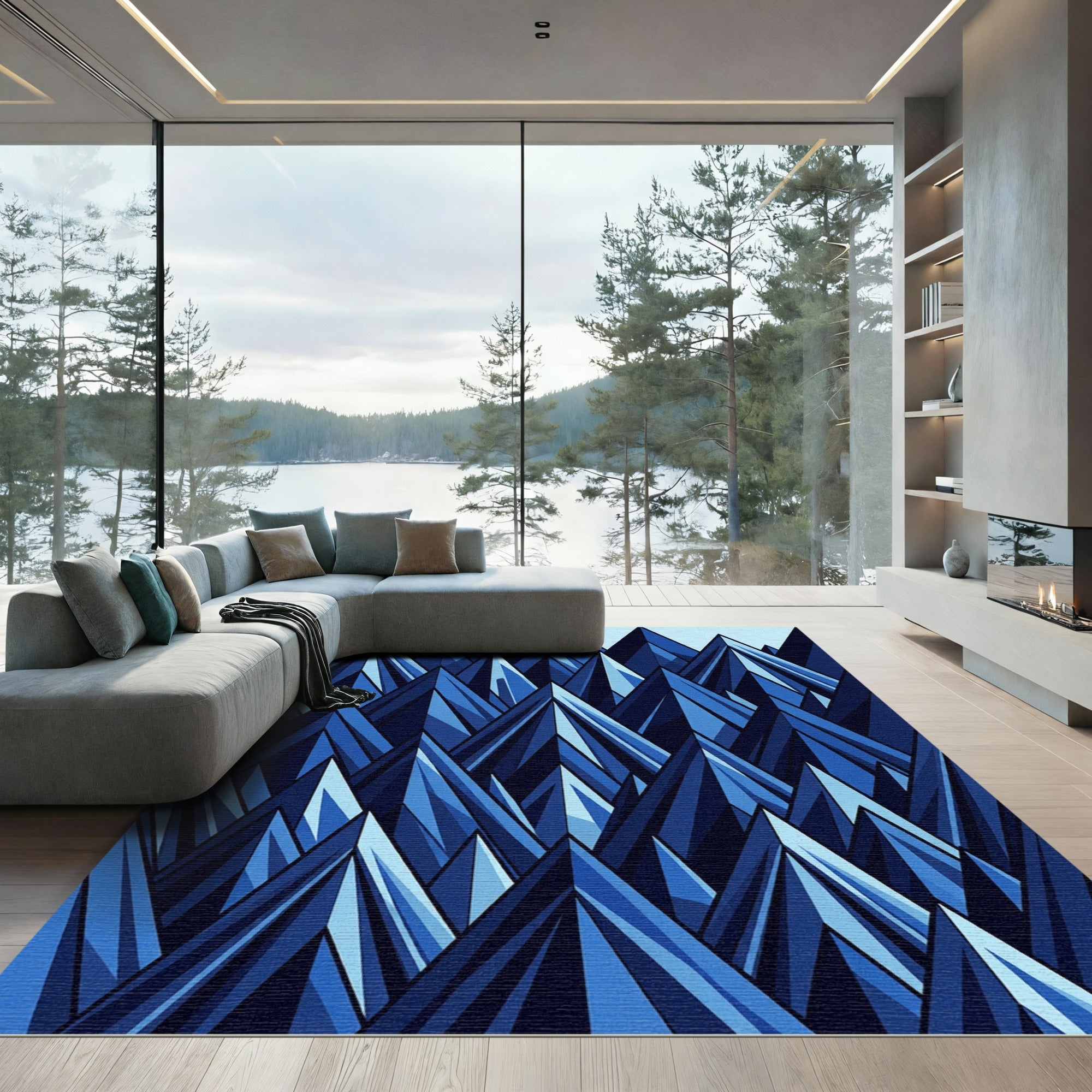 Geometric Blue Mountain Peaks Rug