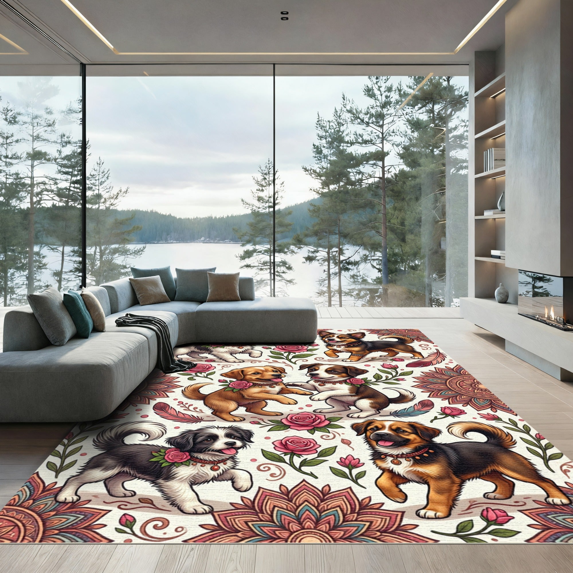 Whimsical Boho Puppy Floral Medallion Illustration Rug