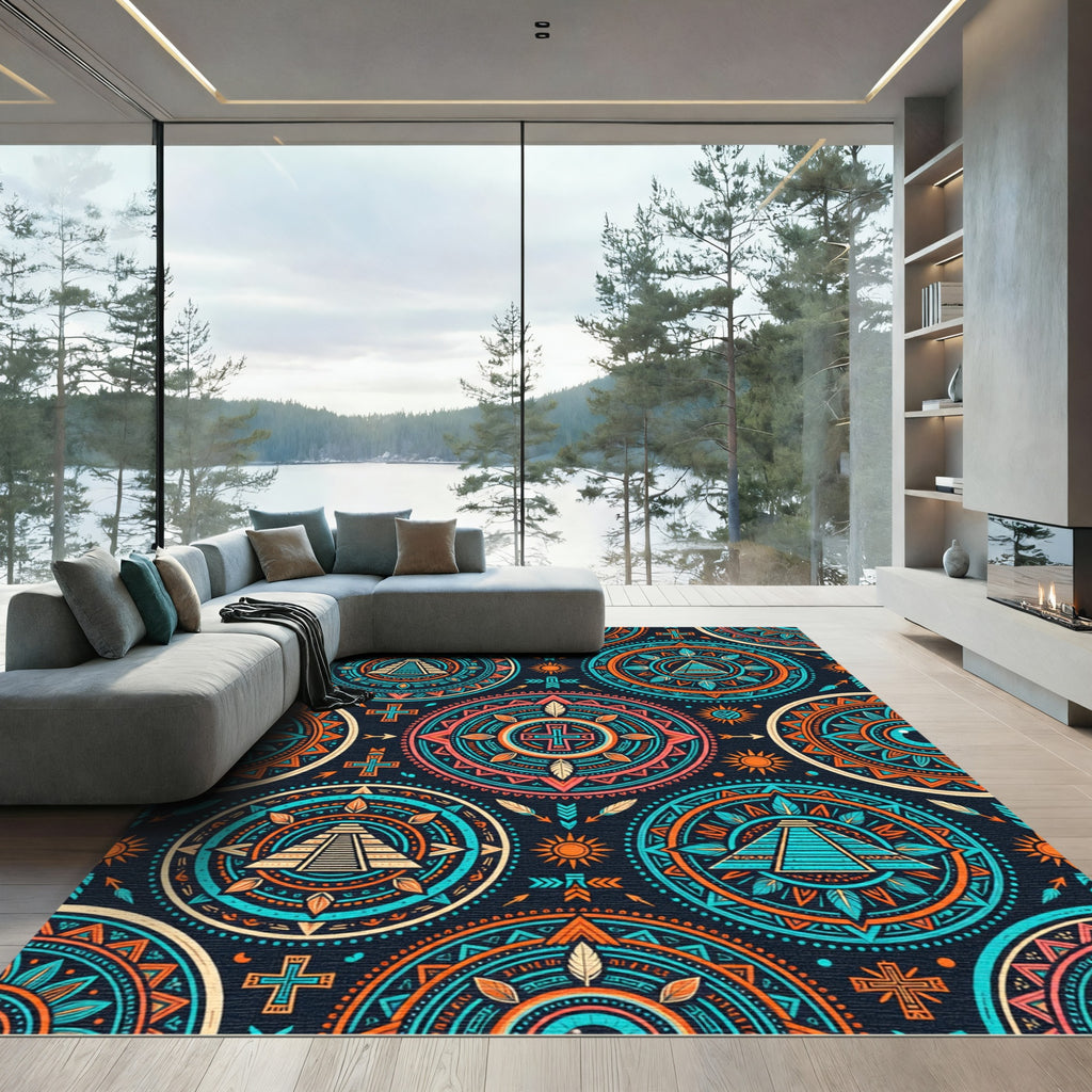 Vibrant Aztec Sun Pyramid Geometric Medallion Rug
