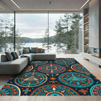 Vibrant Aztec Sun Pyramid Geometric Medallion Rug