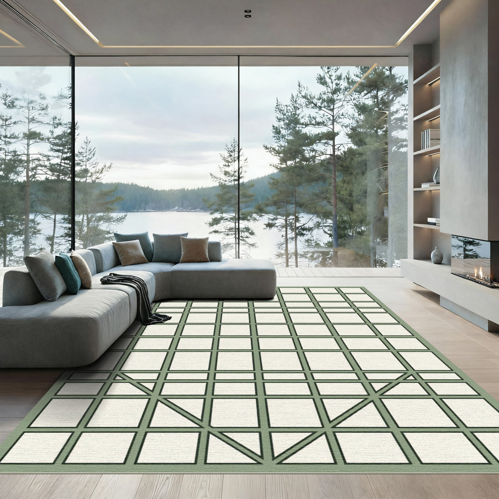 Sage Green Geometric Grid Line Art Rug