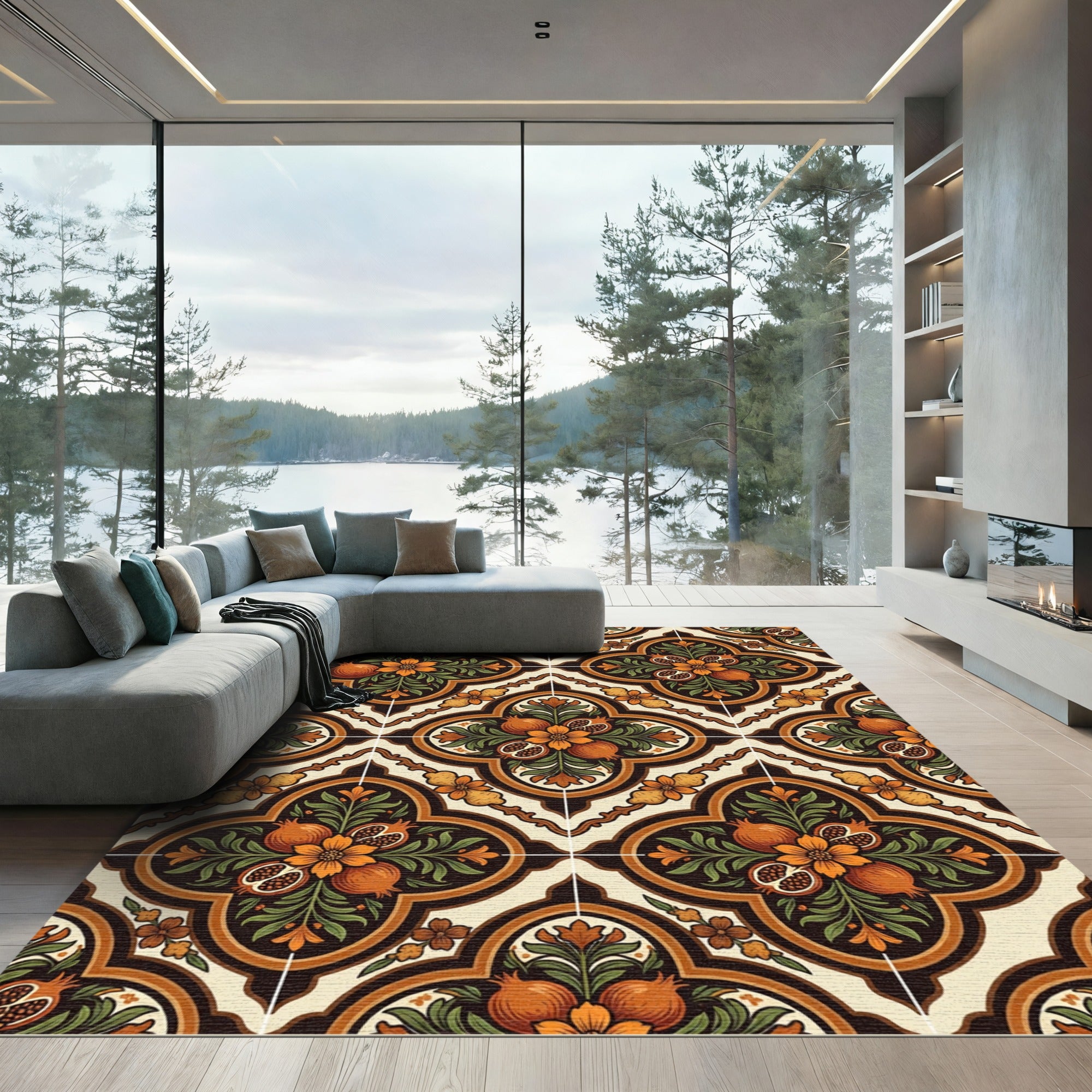 Warm Orange Pomegranate Floral Medallion Rug
