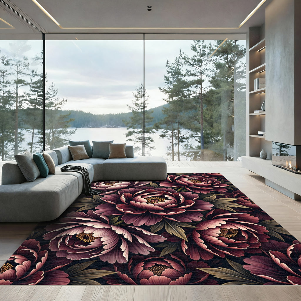 Dark Moody Peony Deep Burgundy Floral Rug