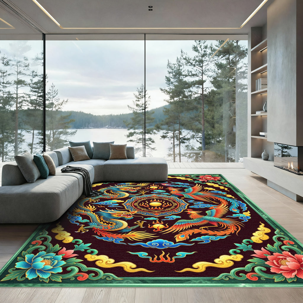 Vibrant Celestial Dragon Phoenix Medallion Rug