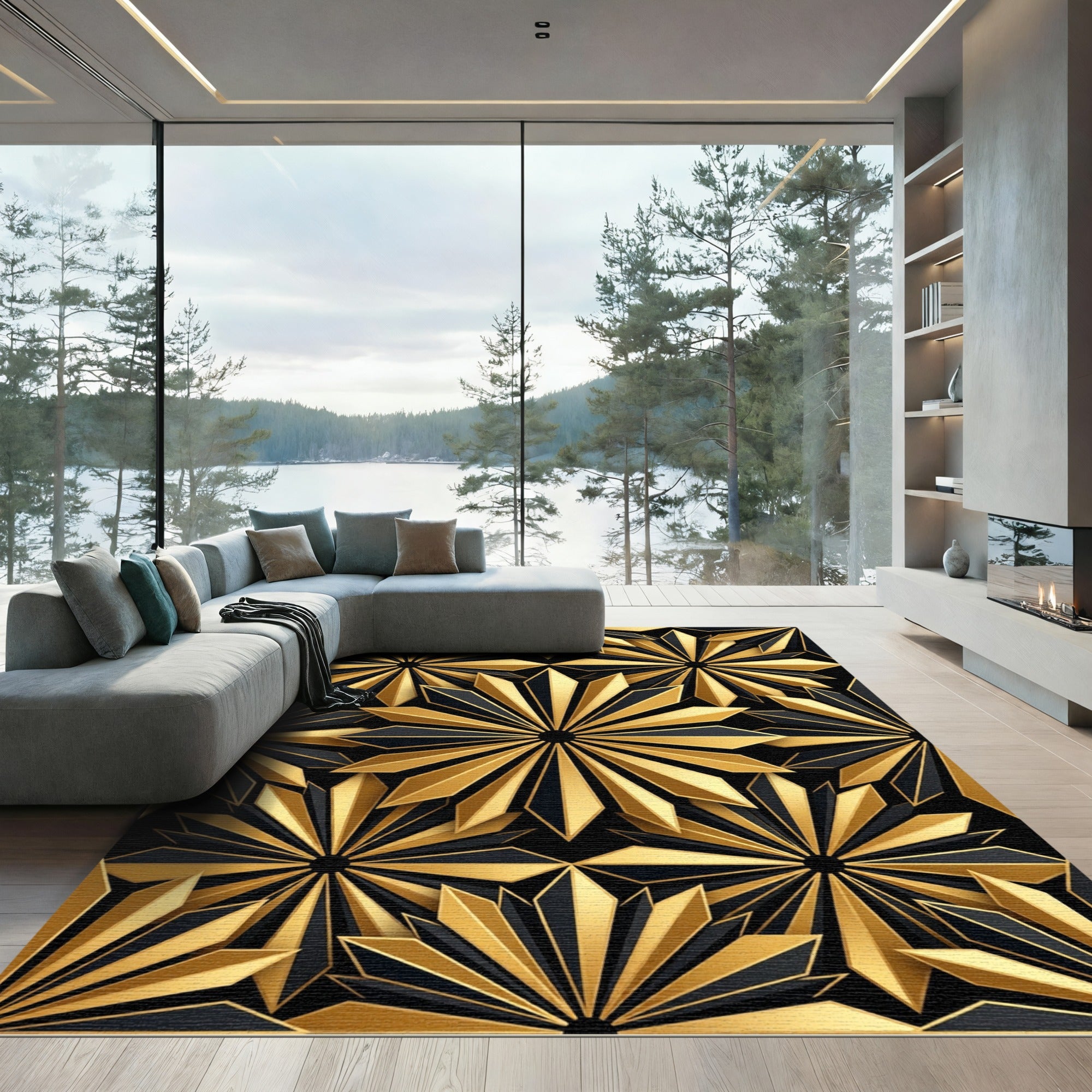 Modern Gold Black Geometric Sunburst Art Rug