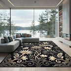 Elegant Gold and Charcoal Botanical Crest Rug