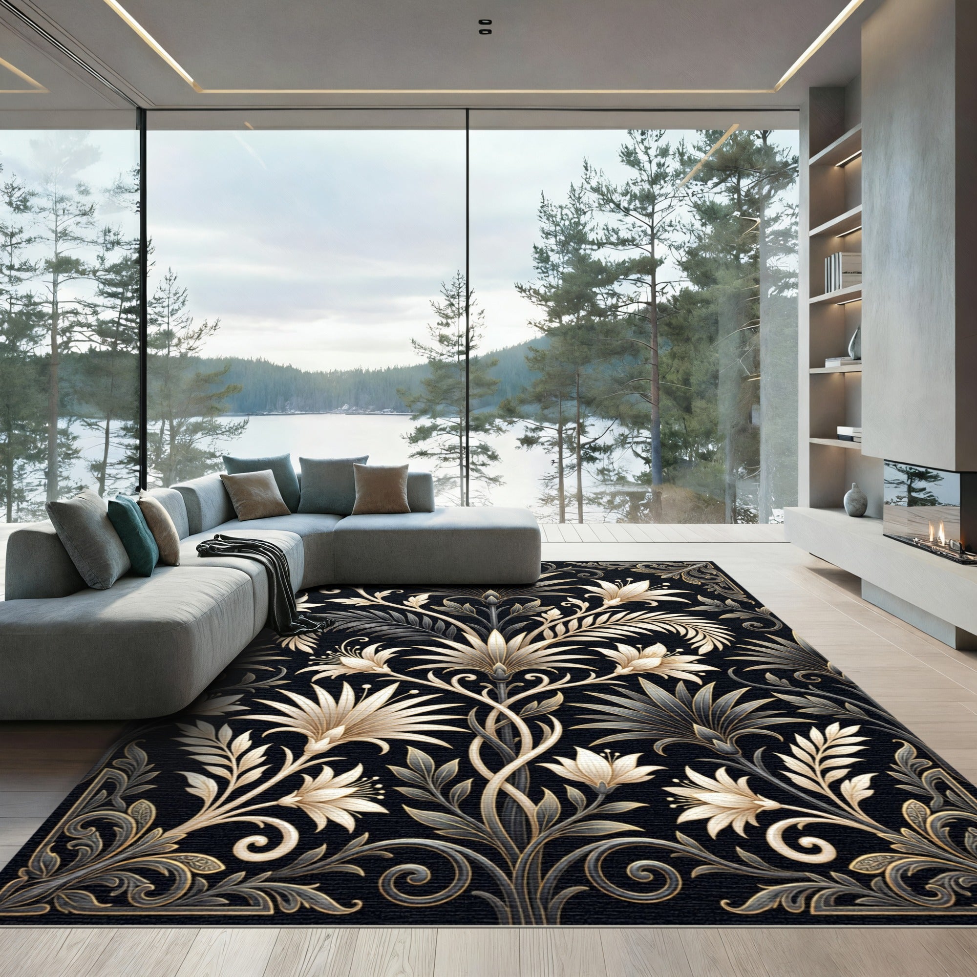 Elegant Gold and Charcoal Botanical Crest Rug