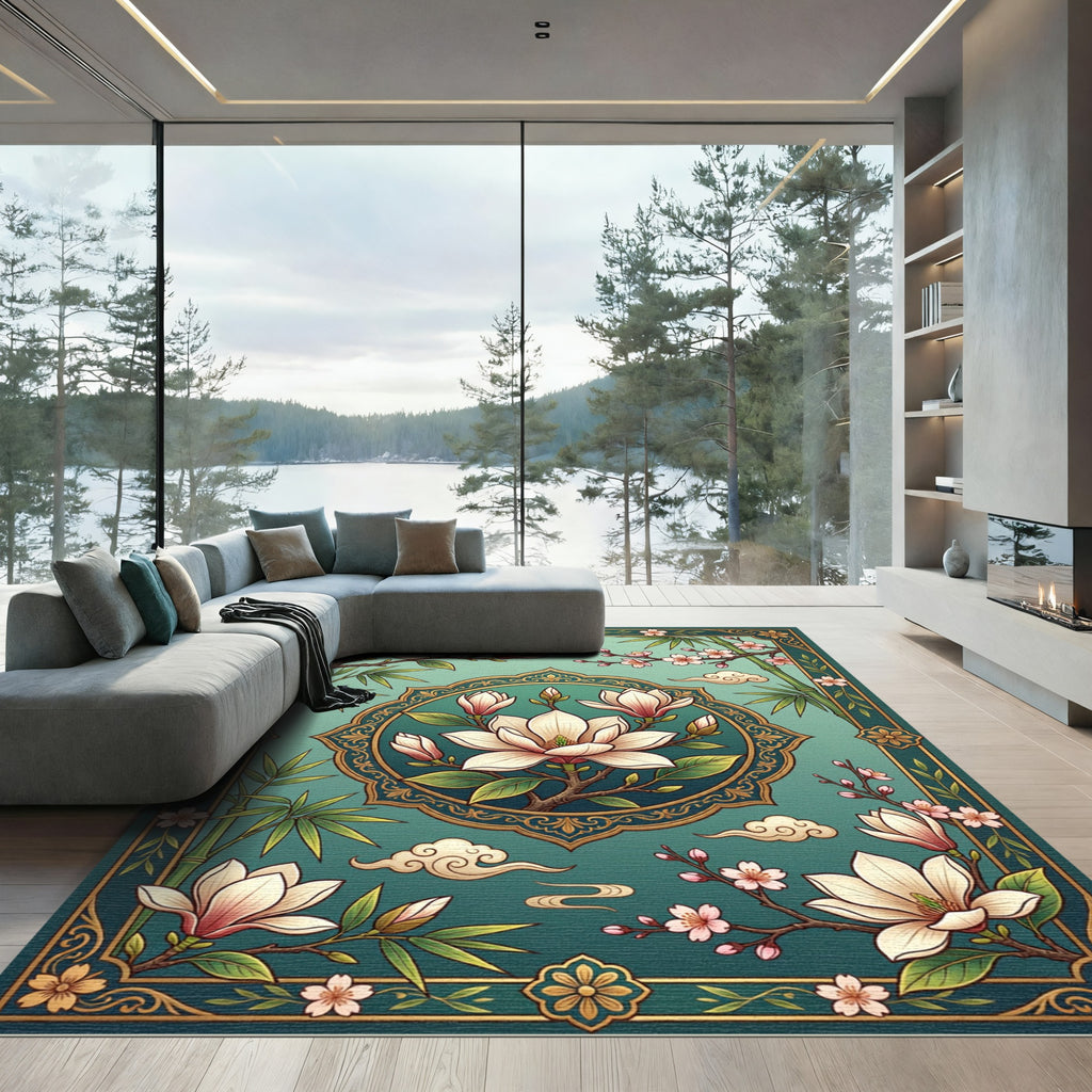 Elegant Teal Magnolia Bamboo Floral Medallion Rug