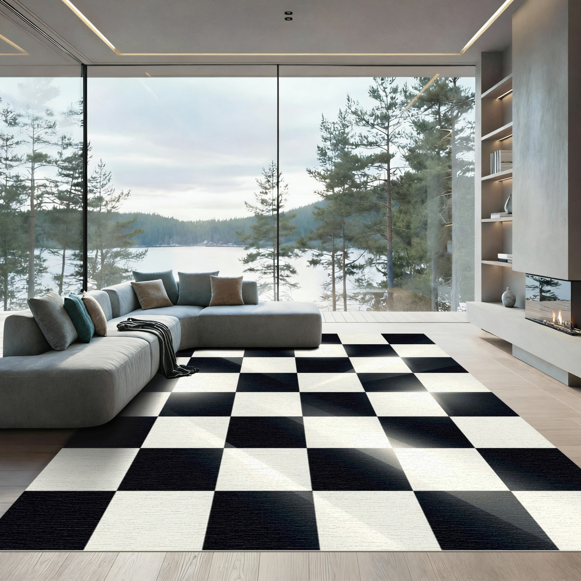 Bold Black White Checkered Surface Rug