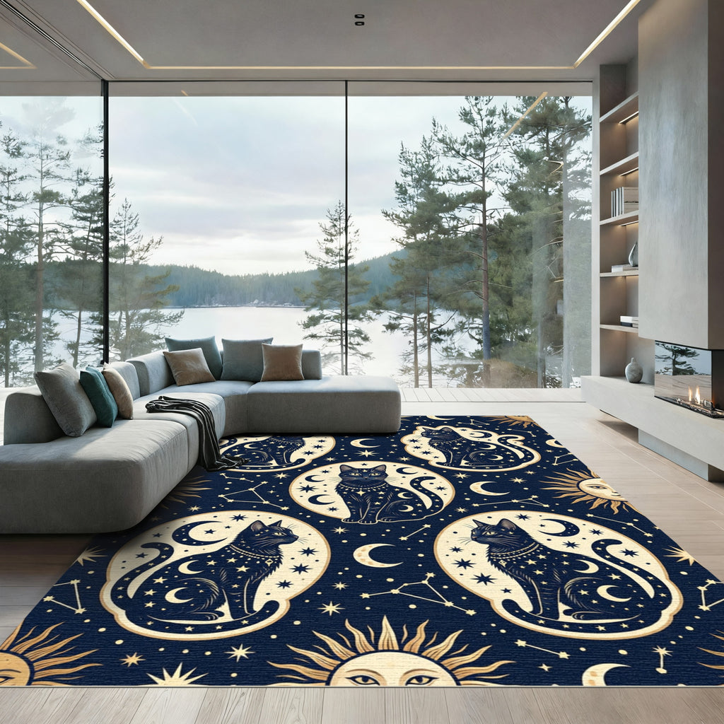 Celestial Mystic Black Cat Starry Sky Rug