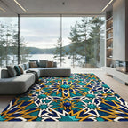 Geometric Teal and Gold Star Tile Rug