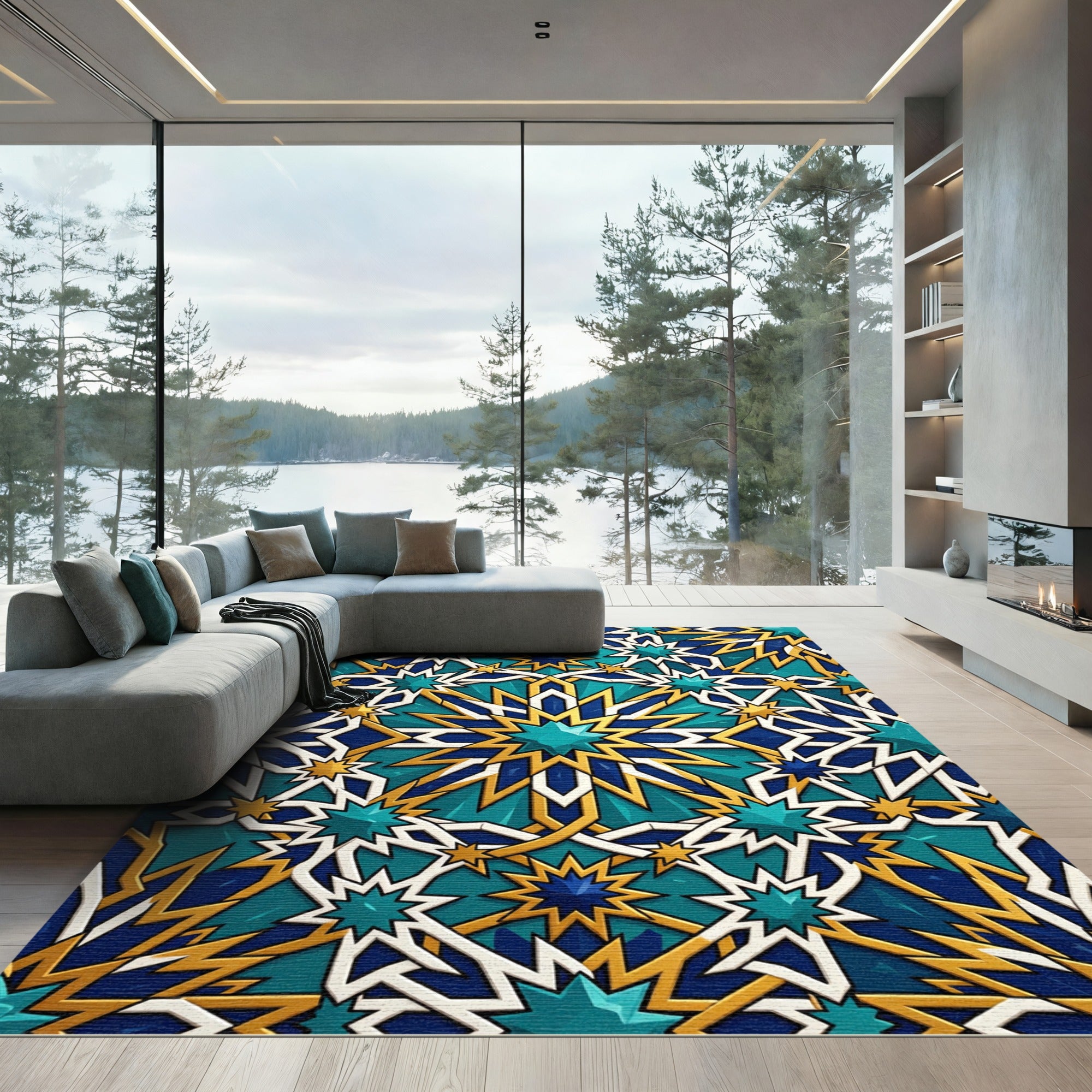 Geometric Teal and Gold Star Tile Rug