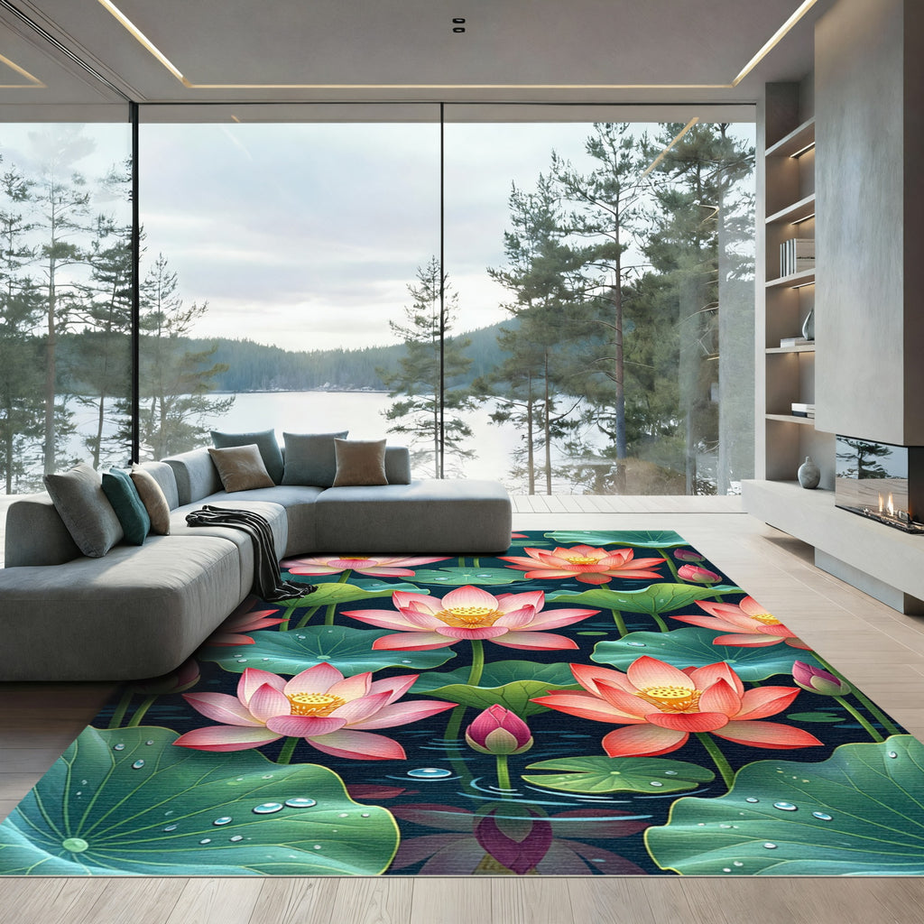 Ethereal Pink Lotus Teal Pond Flora Rug