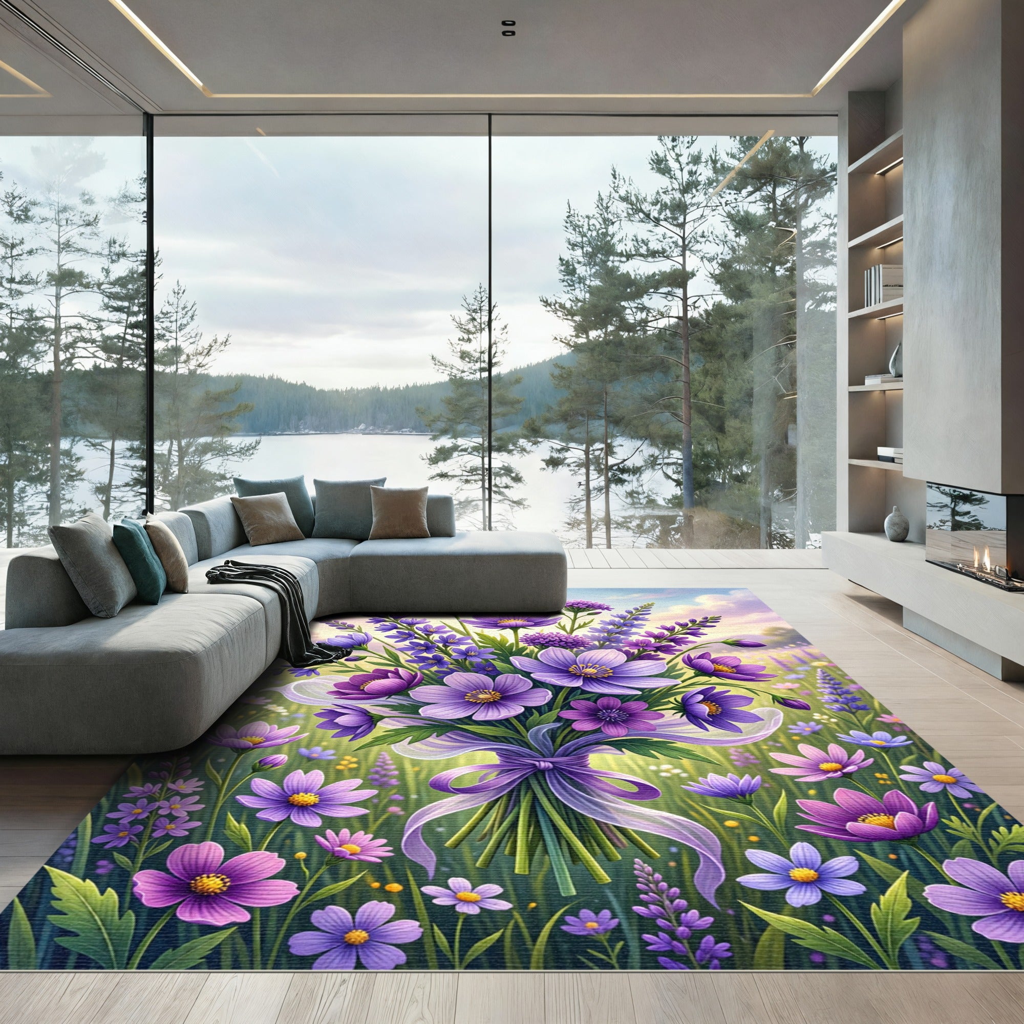 Lush Violet Lavender Floral Bouquet Rug