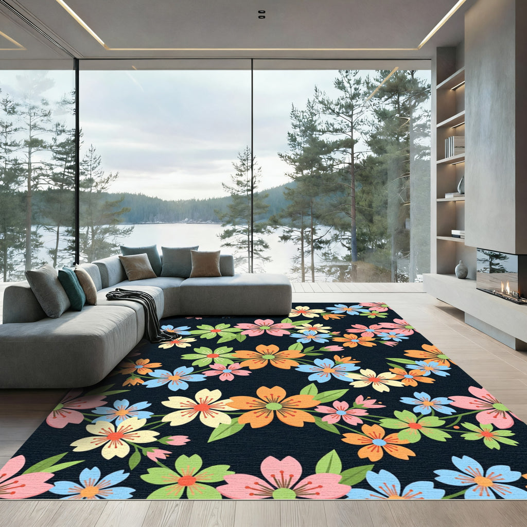 Vibrant Spring Blossom Floral Navy Field Rug