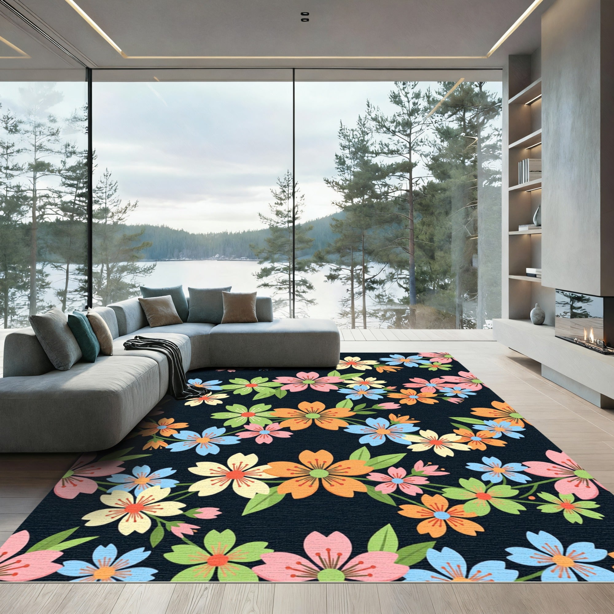 Vibrant Spring Blossom Floral Navy Field Rug
