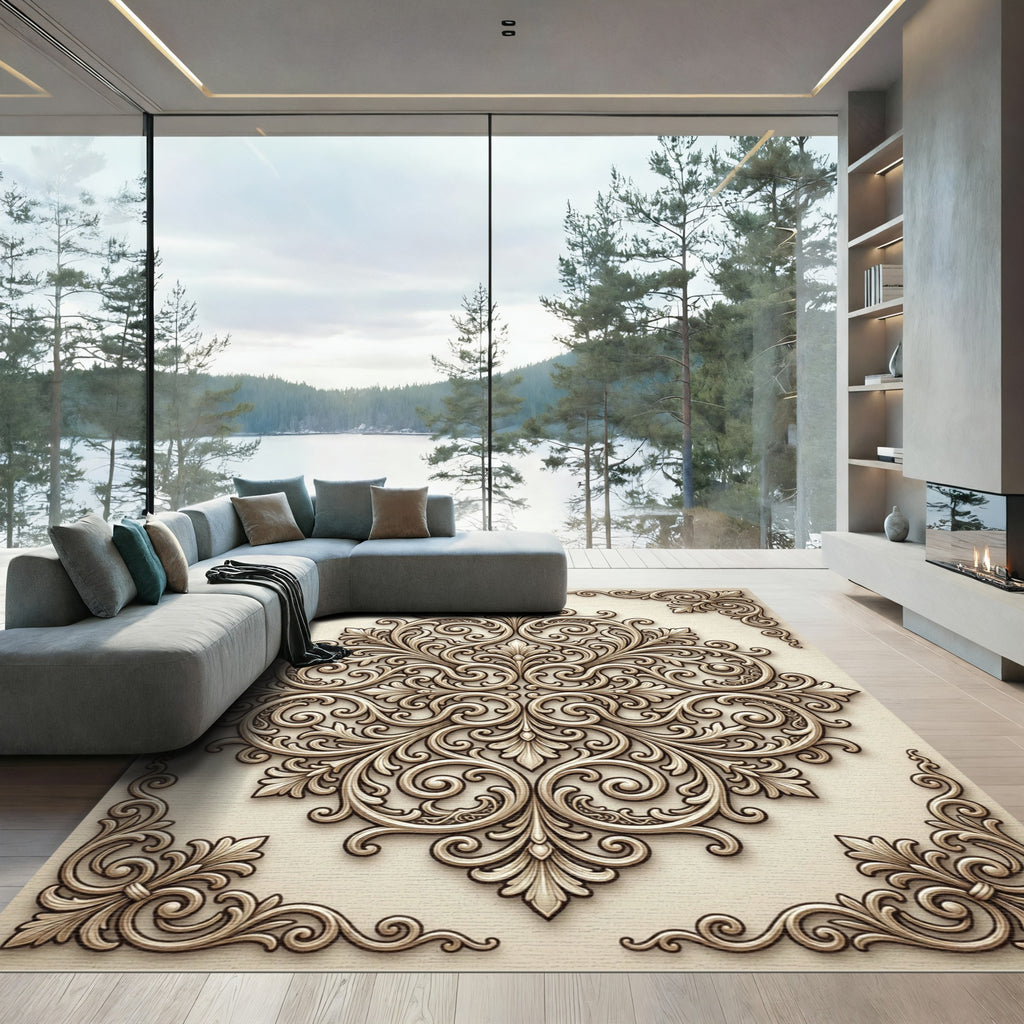 Cream Rococo Swirl Damask Medallion Rug