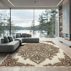 Cream Rococo Swirl Damask Medallion Rug