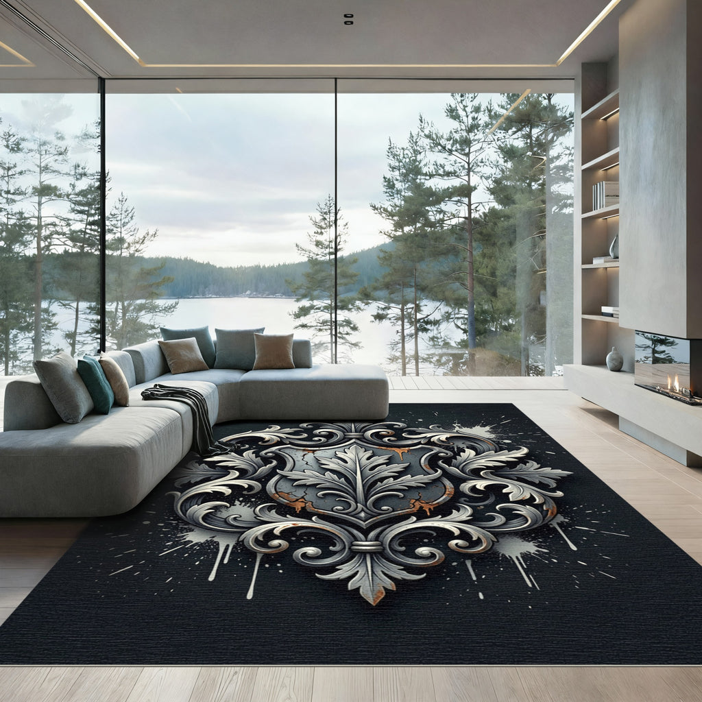 Ornate Silver Baroque Leaf Shield Rug