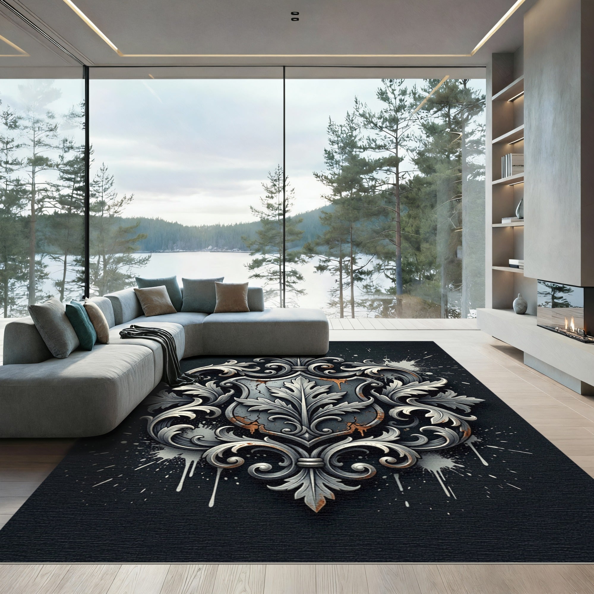 Ornate Silver Baroque Leaf Shield Rug