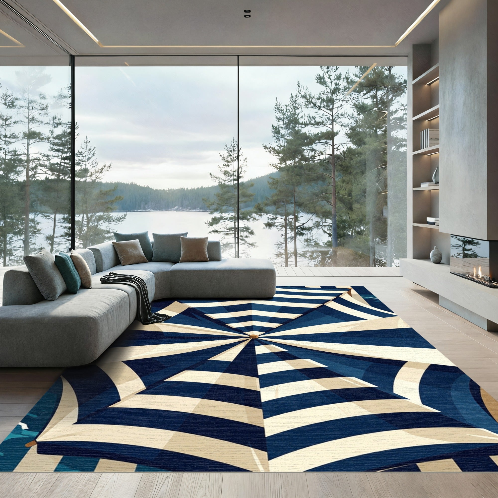 Navy and Cream Nautical Striped Umbrella Rug