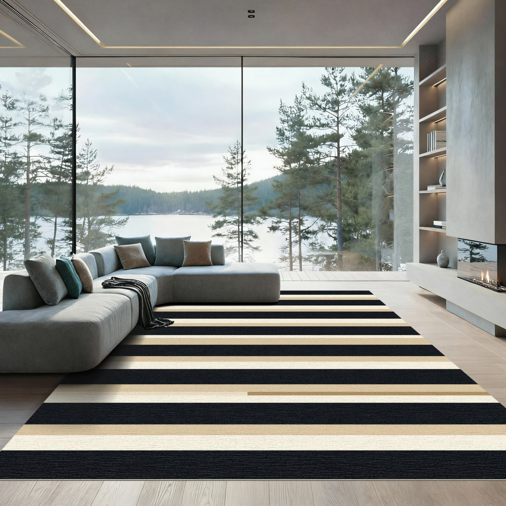 Classic Black Beige Horizontal Stripe Rug