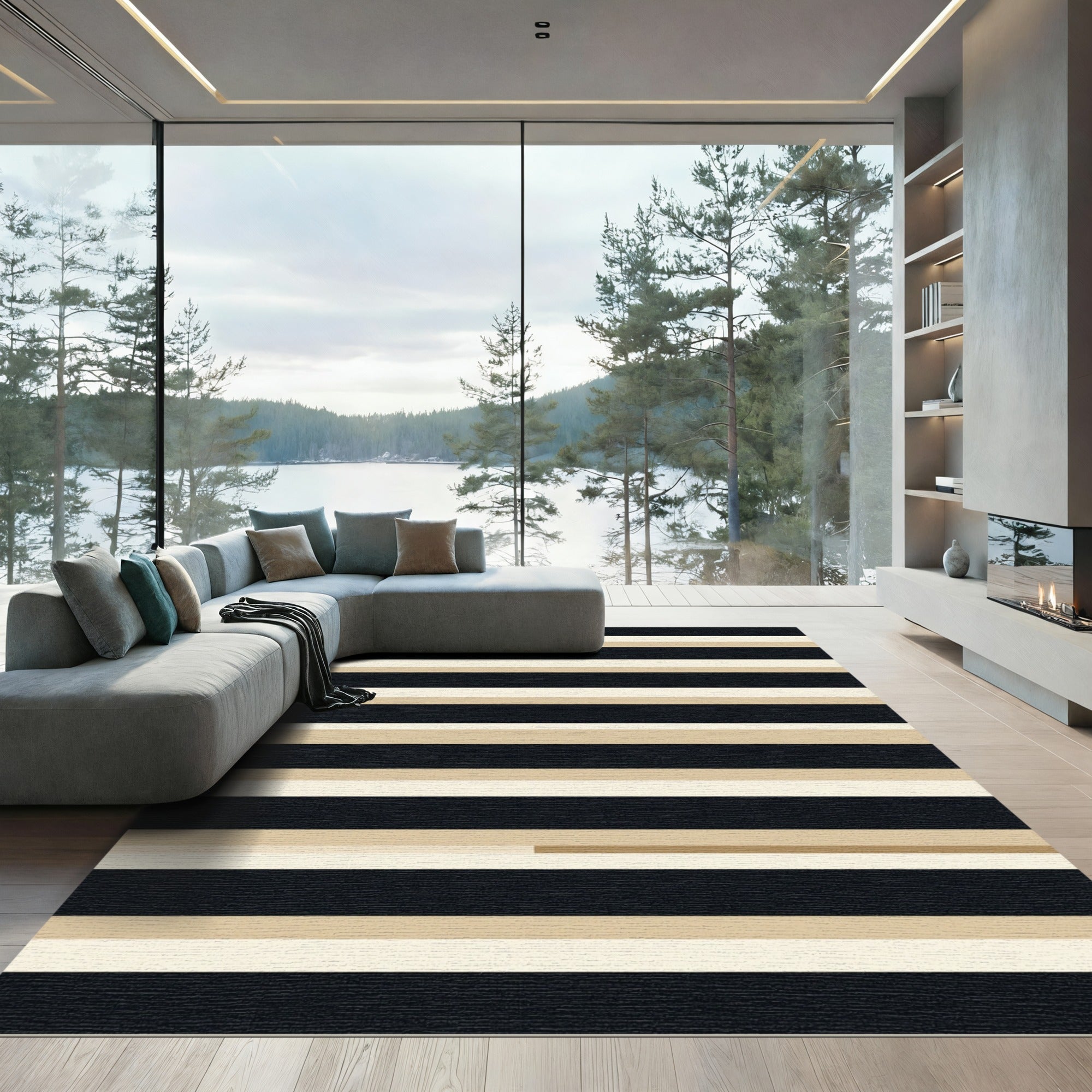 Classic Black Beige Horizontal Stripe Rug