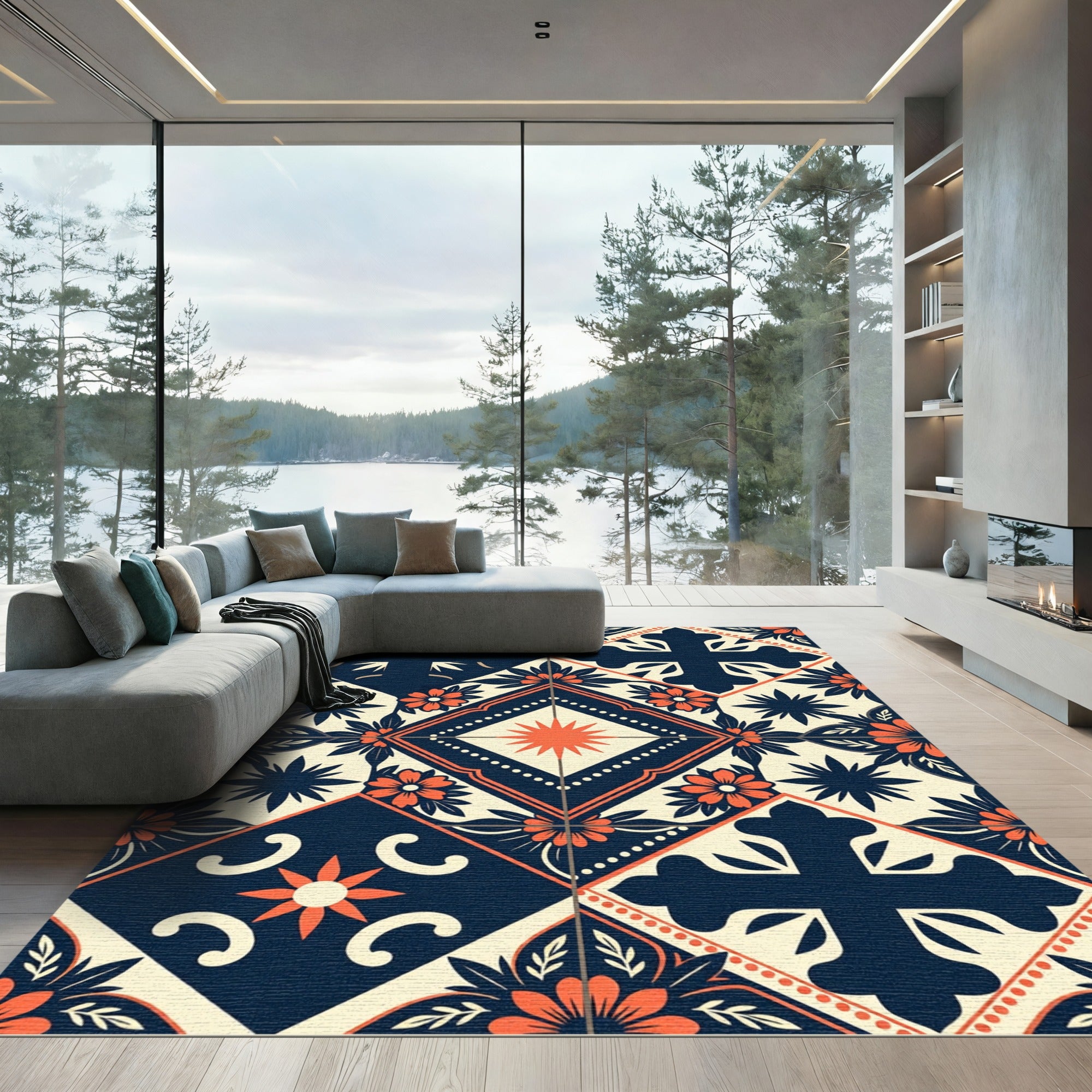 Navy and Orange Floral Geometric Tile Rug
