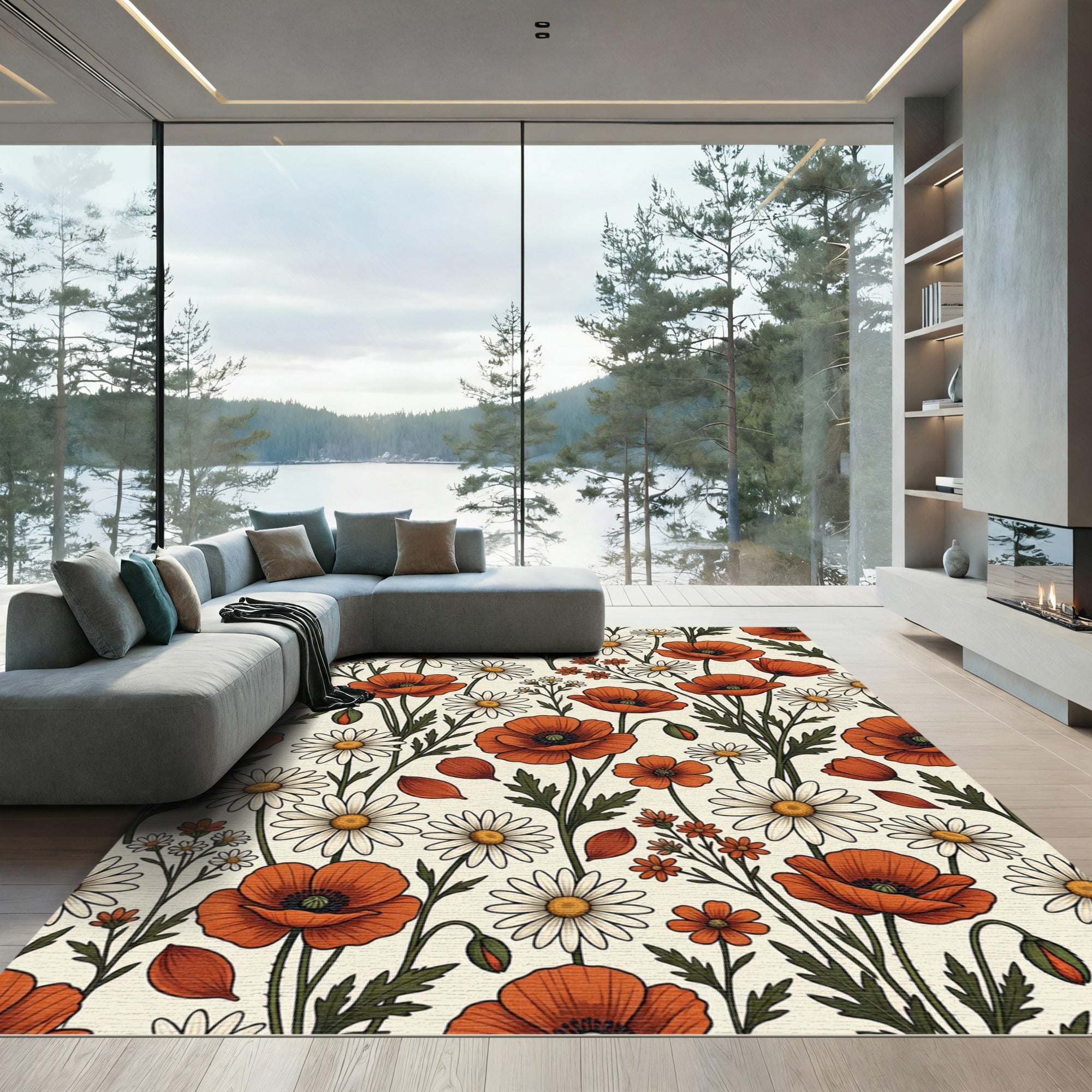 Vintage Orange Poppy and Daisy Field Rug