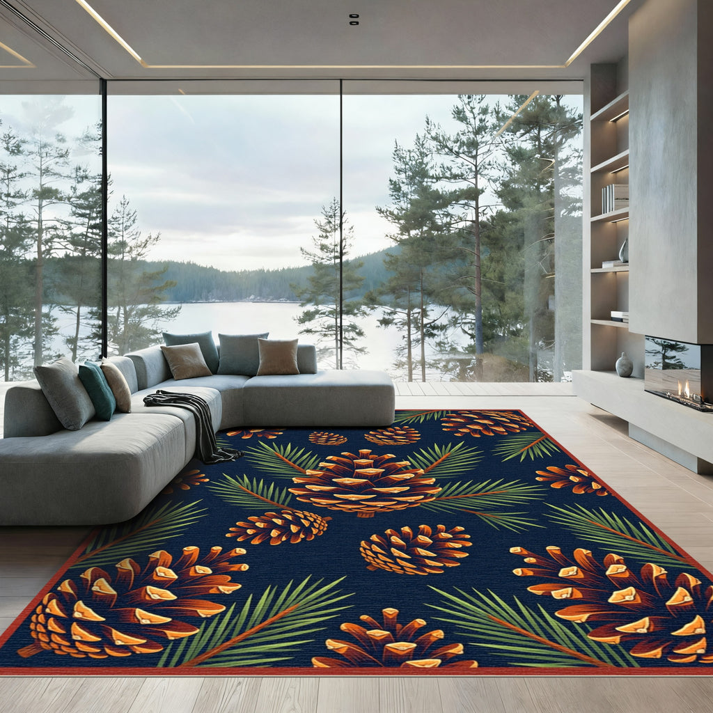 Nature Pinecone Botanical Navy Forest Floor Rug