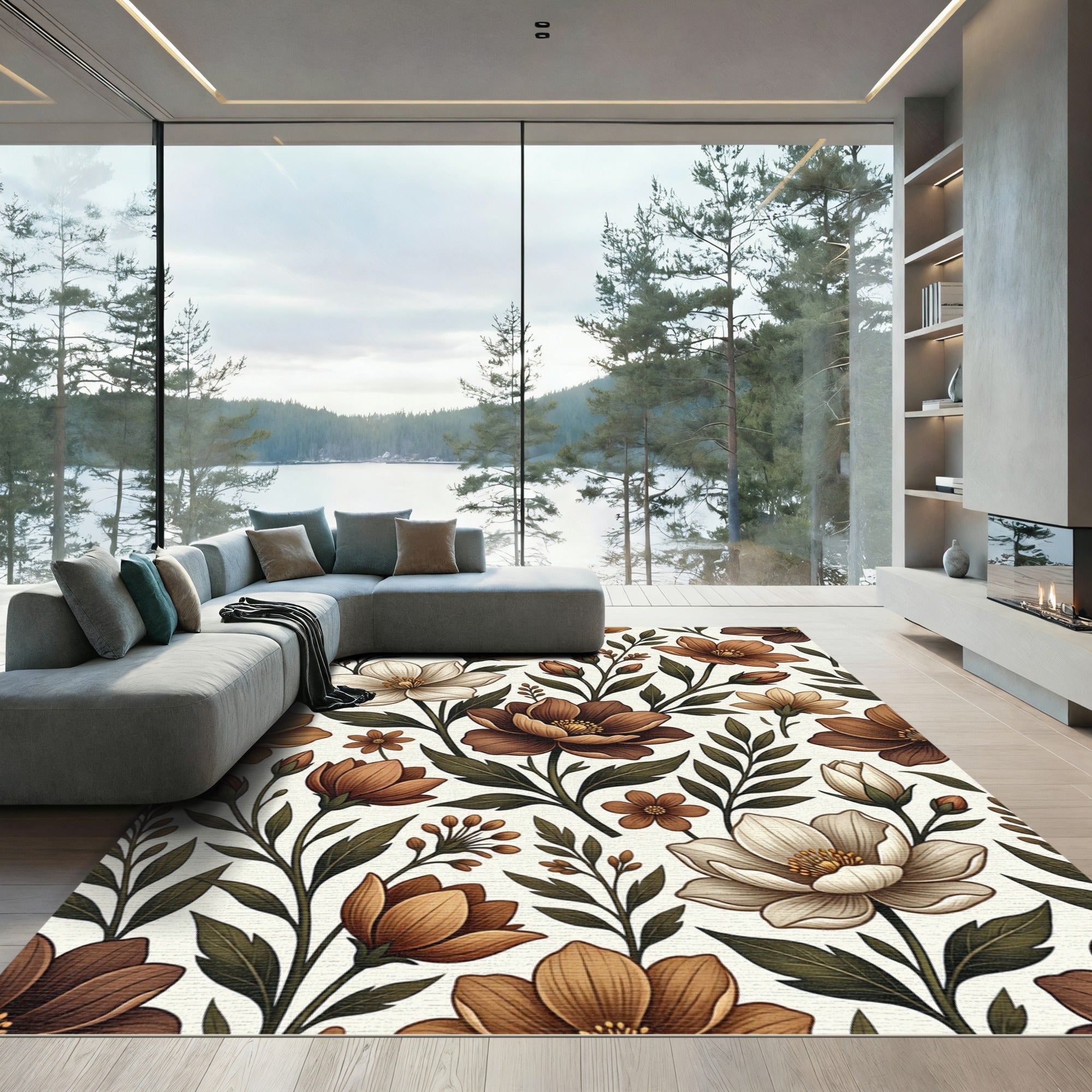 Rich Bronze Floral Botanical Arrangement Rug