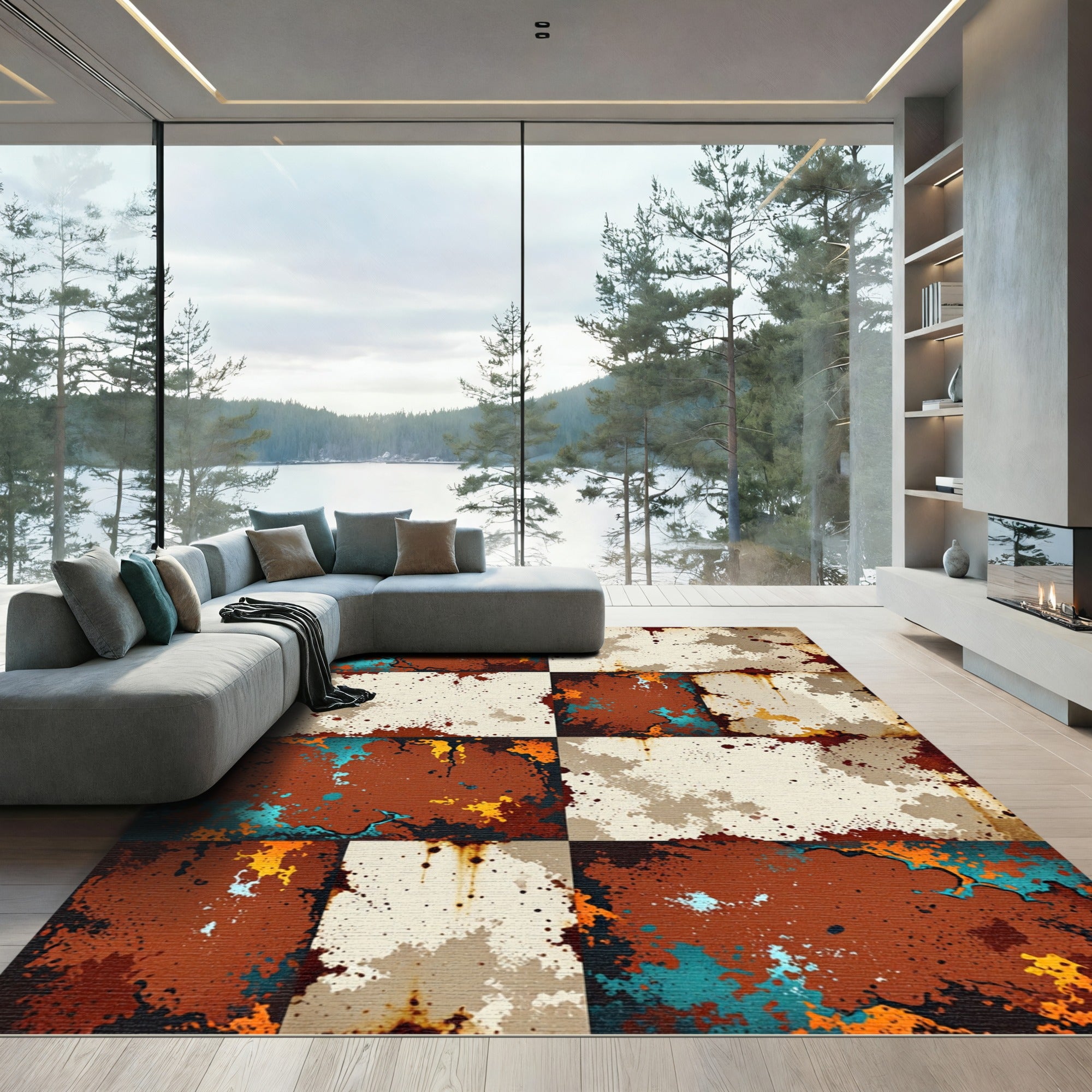 Distressed Ochre Teal Grunge Plaid Grid Rug