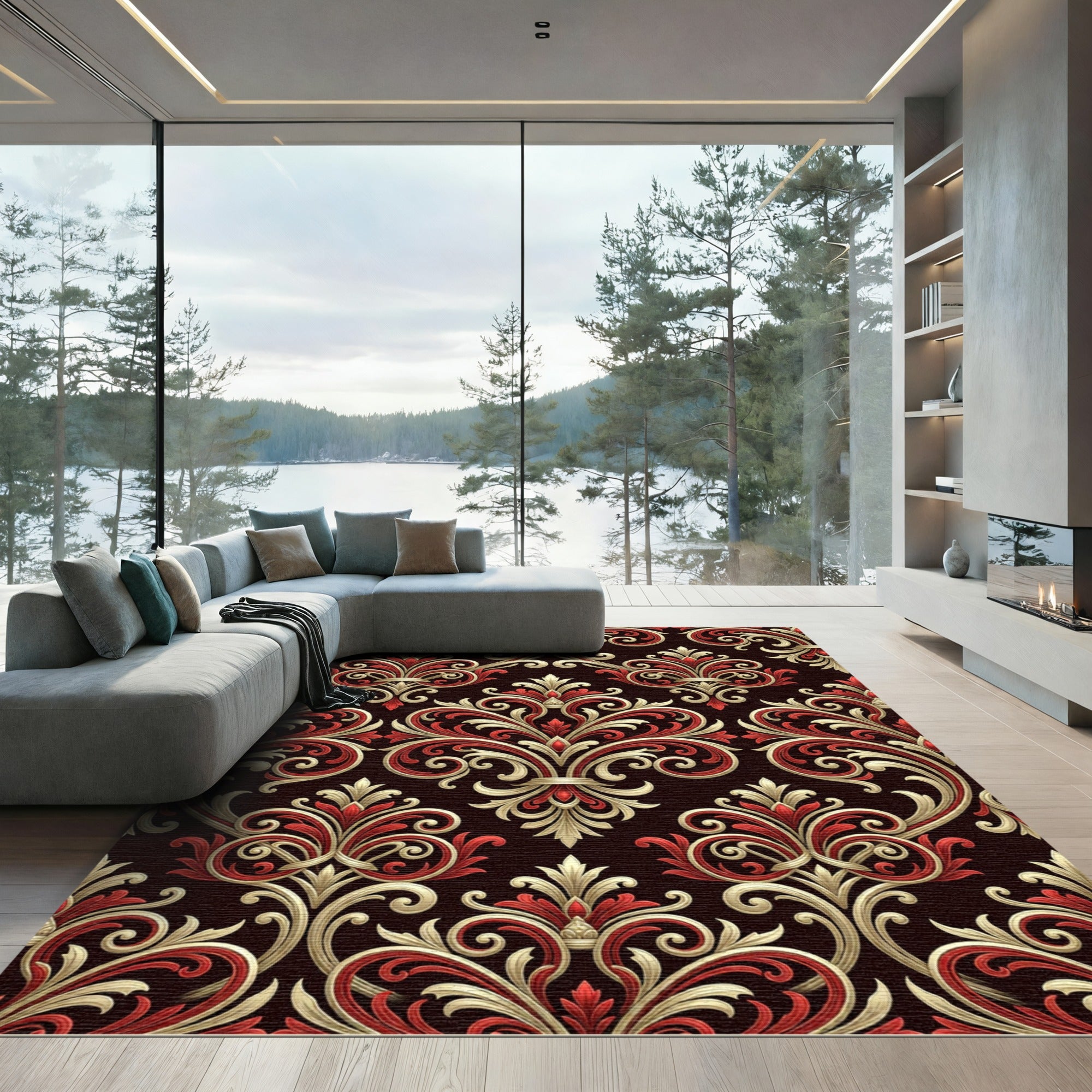Red Gold Baroque Scroll Rug