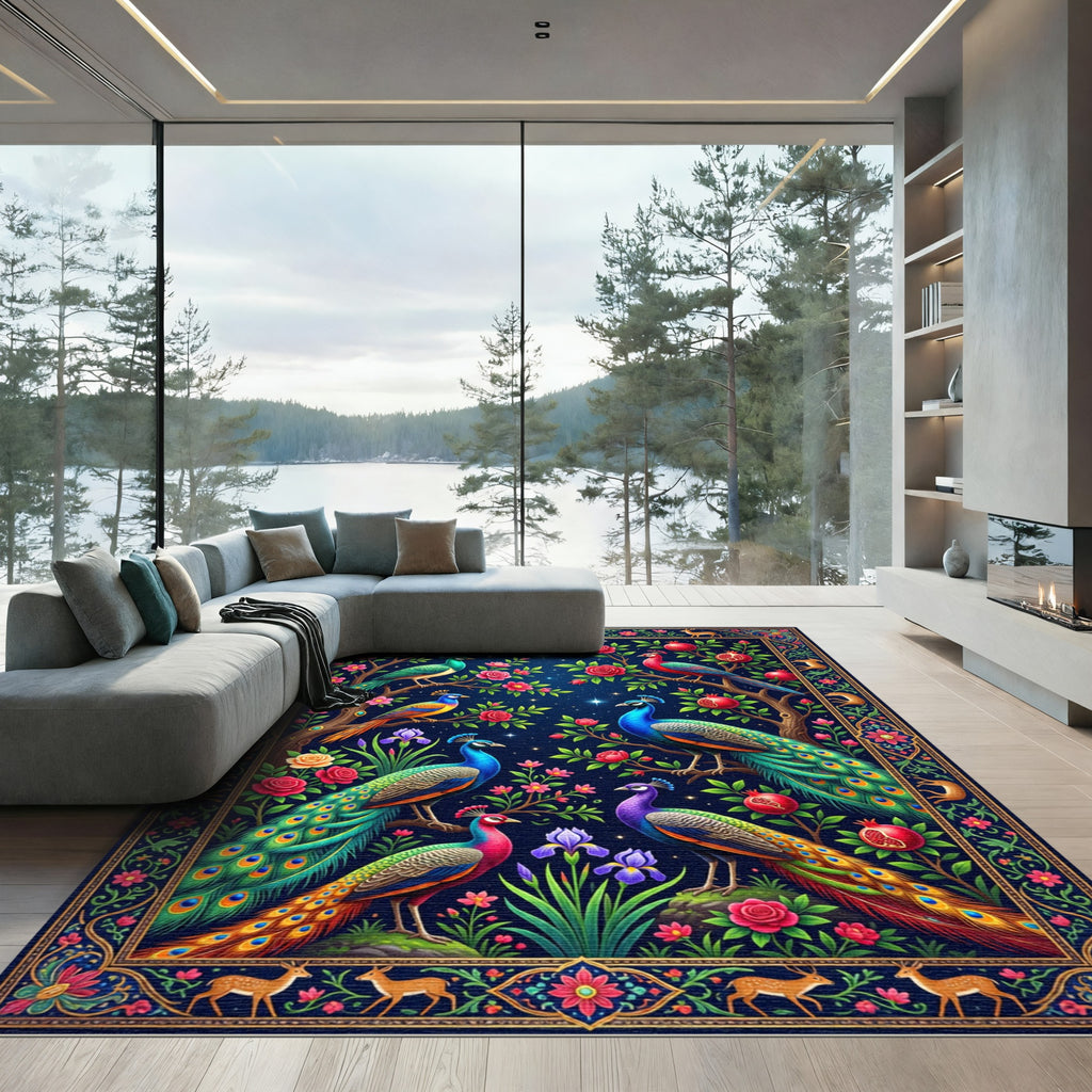 Midnight Peacock Pomegranate Garden Tapestry Rug