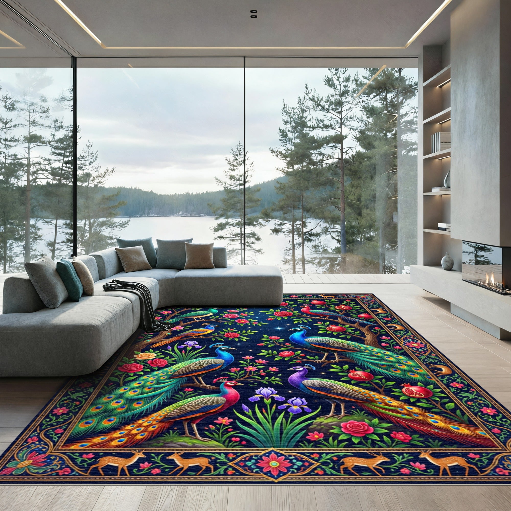 Midnight Peacock Pomegranate Garden Tapestry Rug